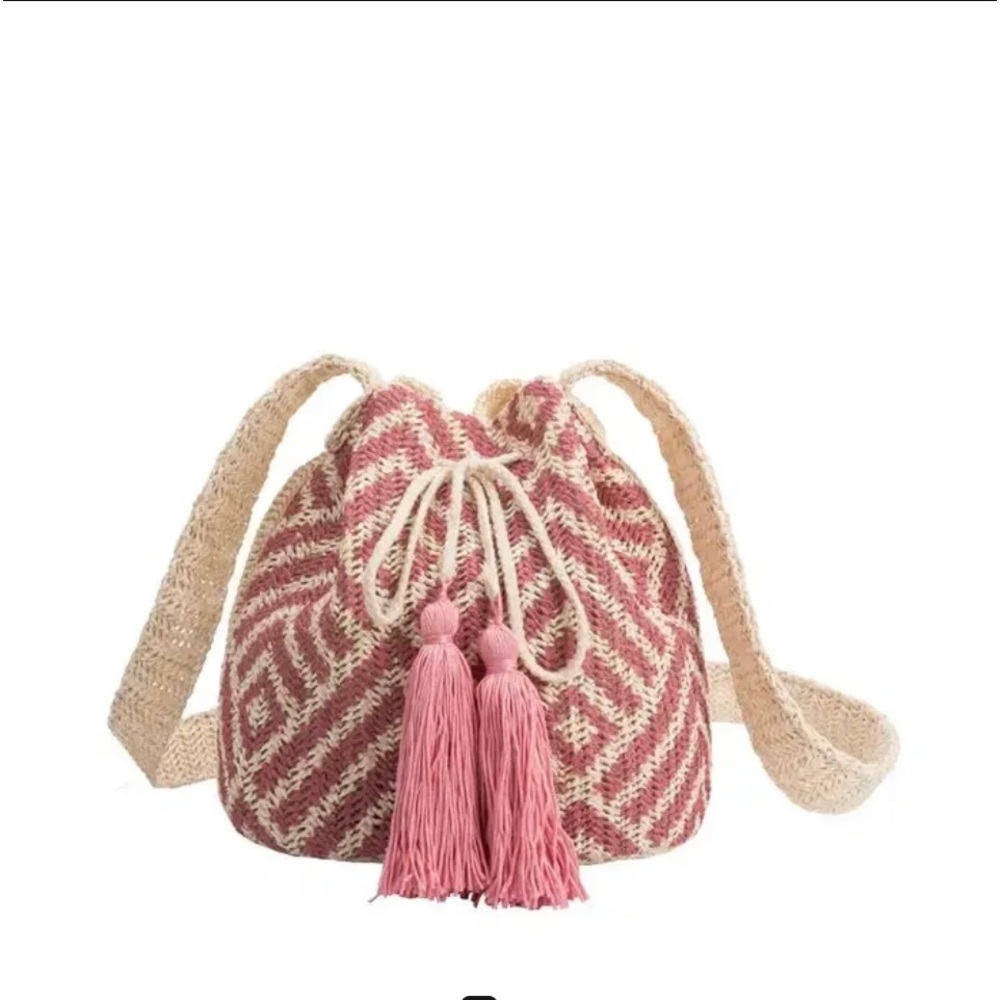 Pink Tassel Straw Drawstring Crossbody